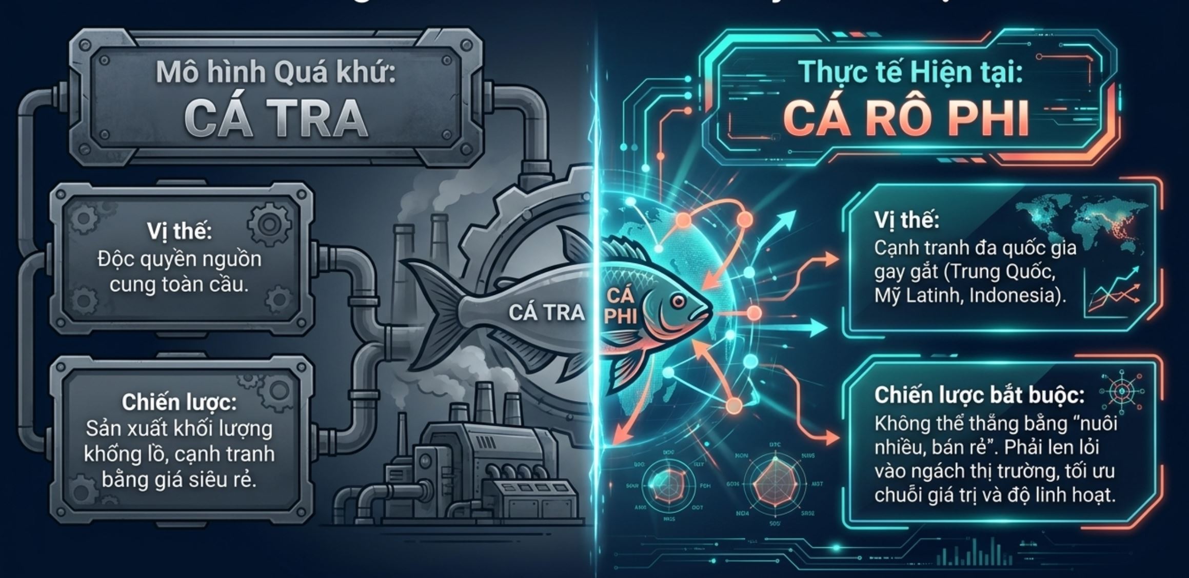 Infographic so sánh vị thế và chiến lược phát triển giữa ngành cá tra và cá rô phi trong thủy sản.