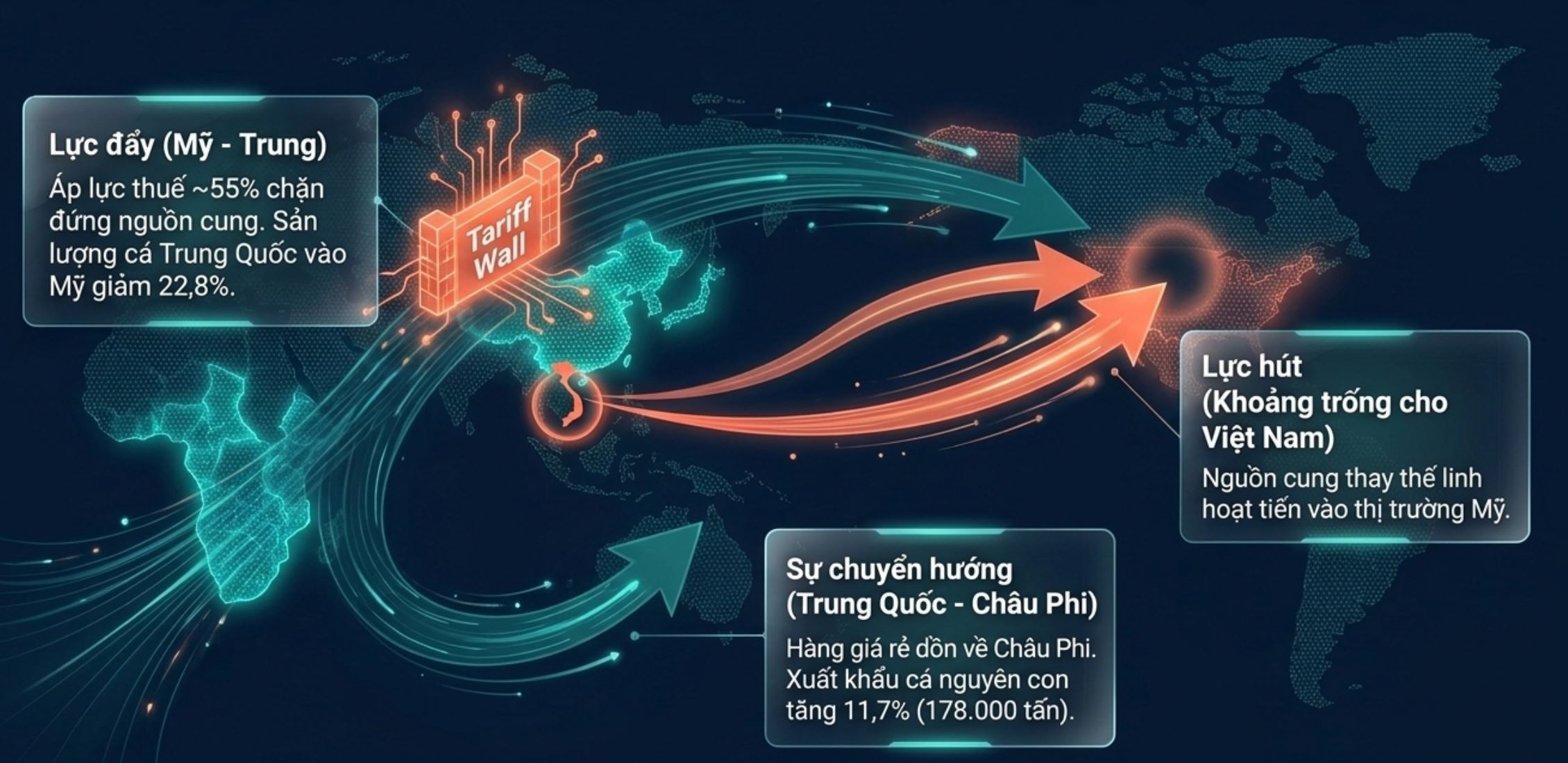 Biểu đồ bản đồ minh họa tác động rào cản thuế quan và dòng xuất khẩu cá từ Việt Nam, Trung Quốc đến Mỹ, Châu Phi.