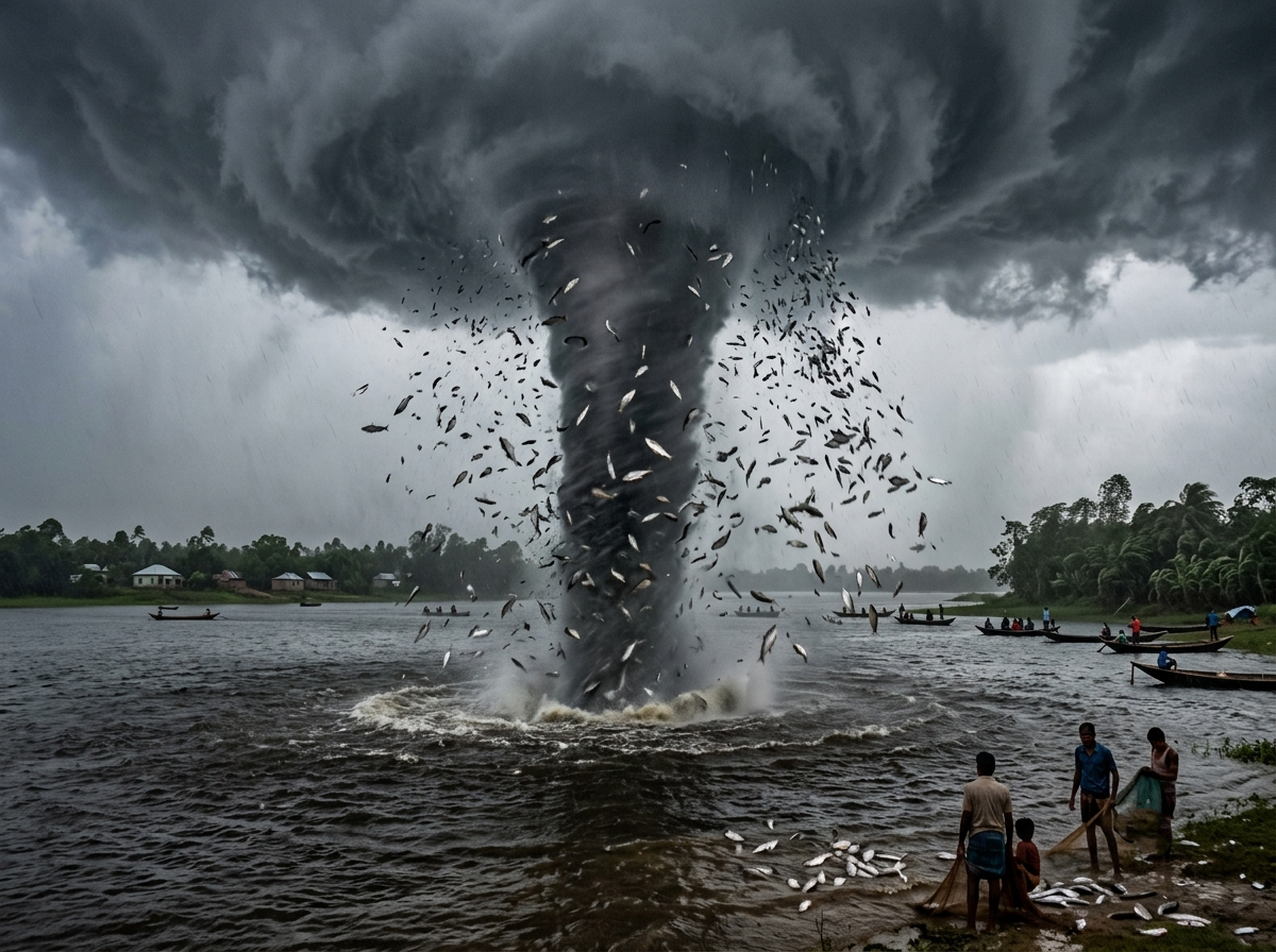 Hình ảnh vòi rồng khổng lồ xoáy trên sông hút nhiều cá lên không trung trong giông bão