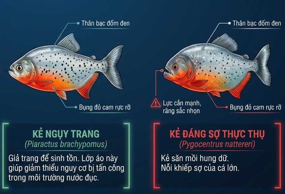 Infographic so sánh đặc điểm ngoại hình giữa cá Piaractus brachypomus và cá Piranha Pygocentrus nattereri.