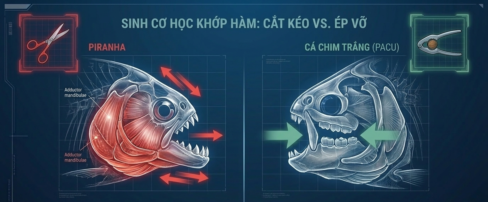 Sơ đồ so sánh cơ học khớp hàm kiểu cắt kéo của cá Piranha và kiểu ép vỡ của cá chim trắng Pacu.