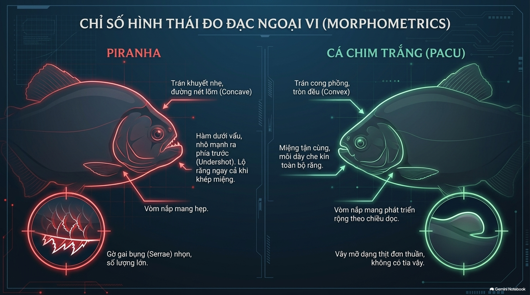 Infographic so sánh đặc điểm hình thái đo đạc ngoại vi giữa cá Piranha và cá chim trắng Pacu.