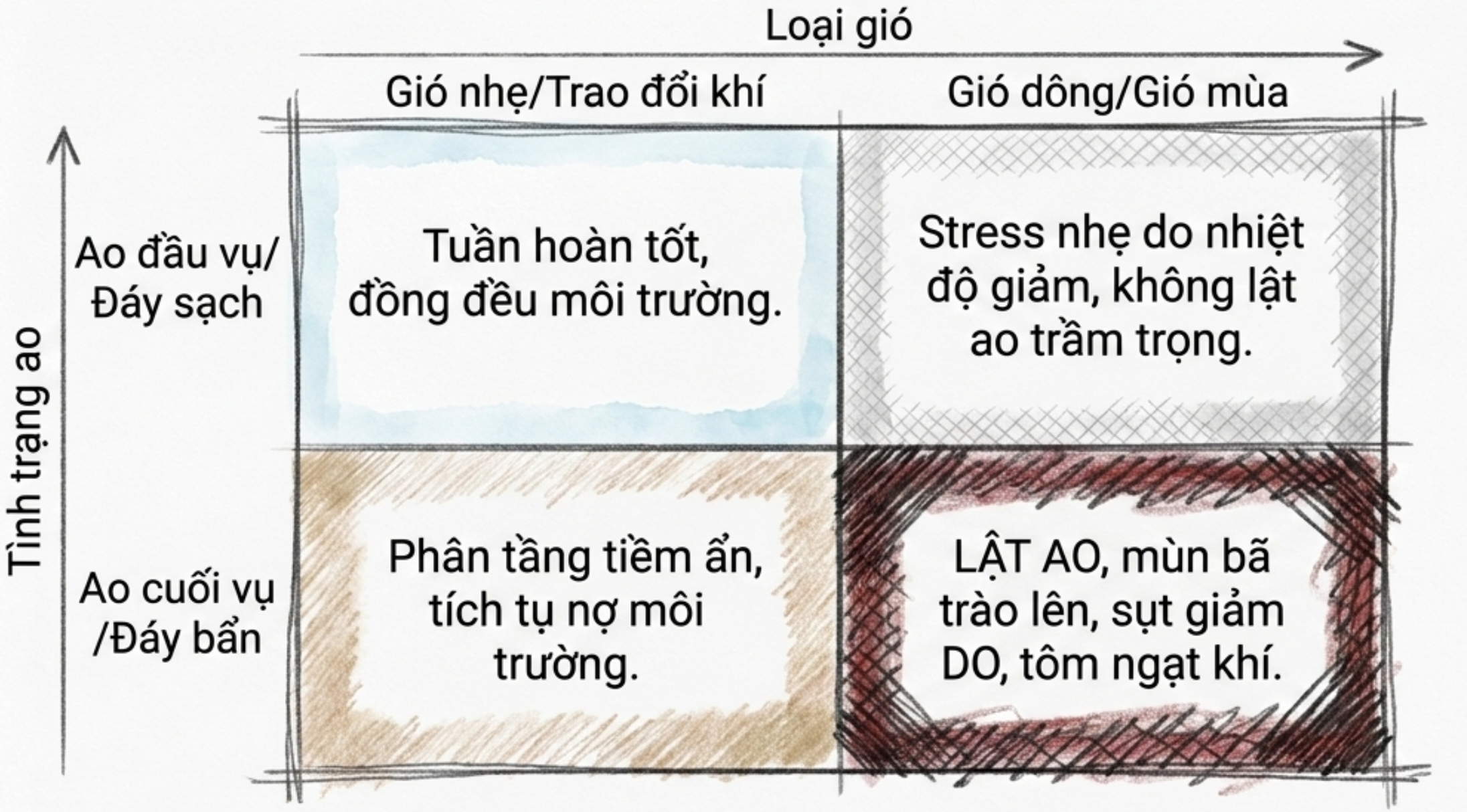 Sơ đồ ảnh hưởng của loại gió và tình trạng đáy ao nuôi Biểu đồ tác động của loại gió và tình trạng đáy ao đến môi trường ao nuôi tôm và hiện tượng lật ao.