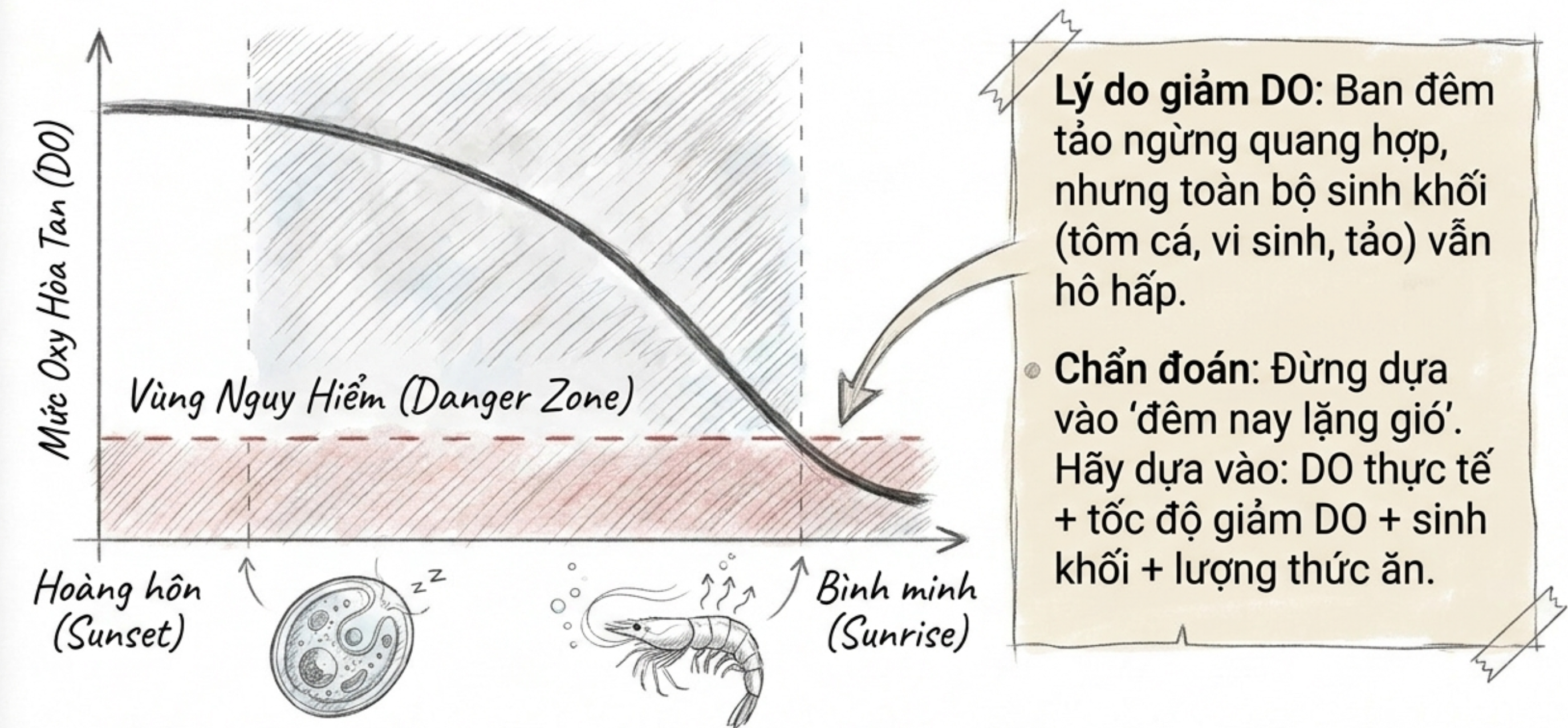 Biểu đồ biến động oxy hòa tan (DO) trong ao nuôi từ hoàng hôn đến bình minh Sơ đồ minh họa mức oxy hòa tan DO giảm từ hoàng hôn đến bình minh và lý do giảm oxy trong ao nuôi.