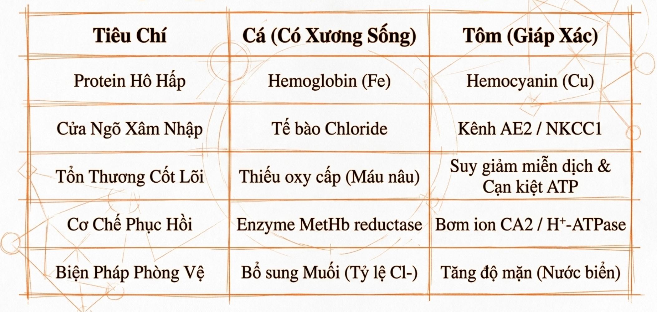 Bảng so sánh các tiêu chí sinh học như protein hô hấp, cơ chế phục hồi và biện pháp phòng vệ giữa cá và tôm.