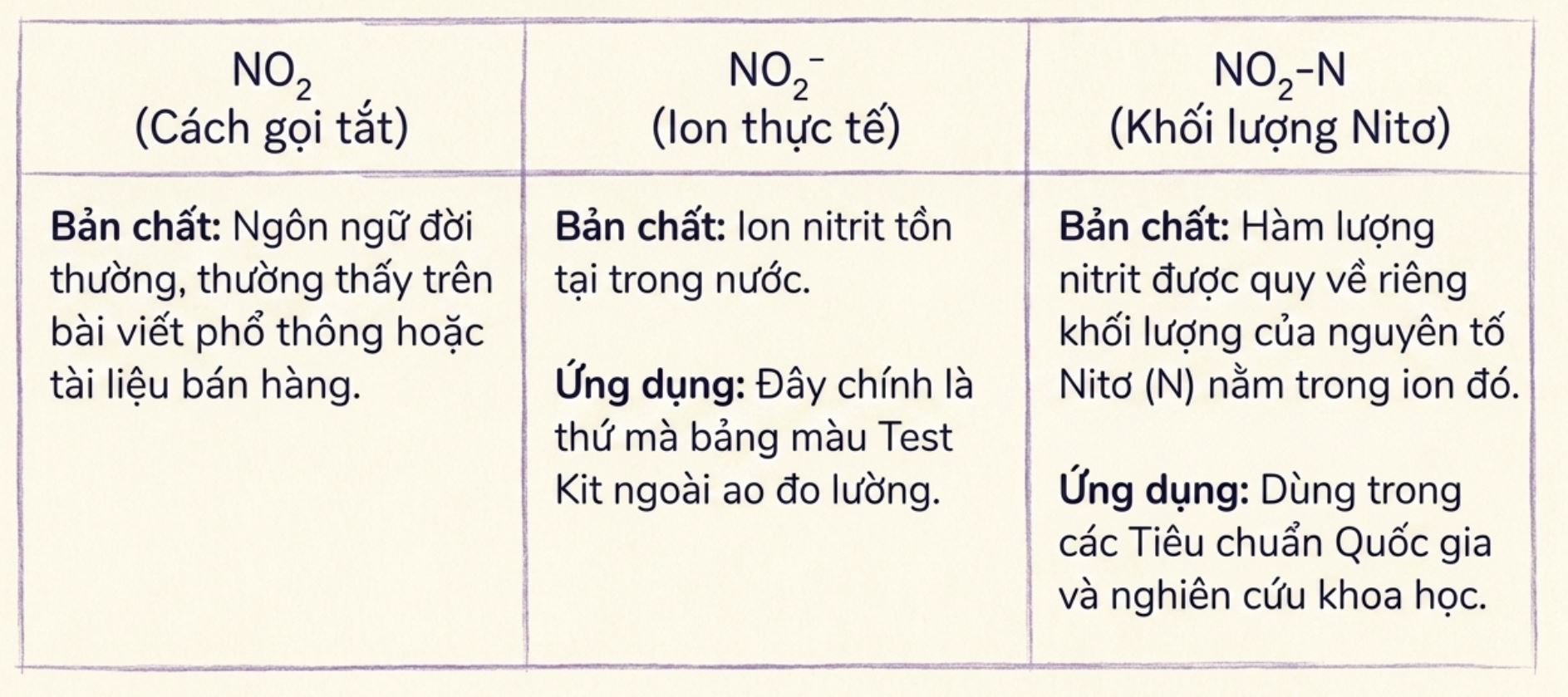 Bảng so sánh bản chất và ứng dụng của ba khái niệm nitrit gồm NO2, ion NO2- và NO2-N.