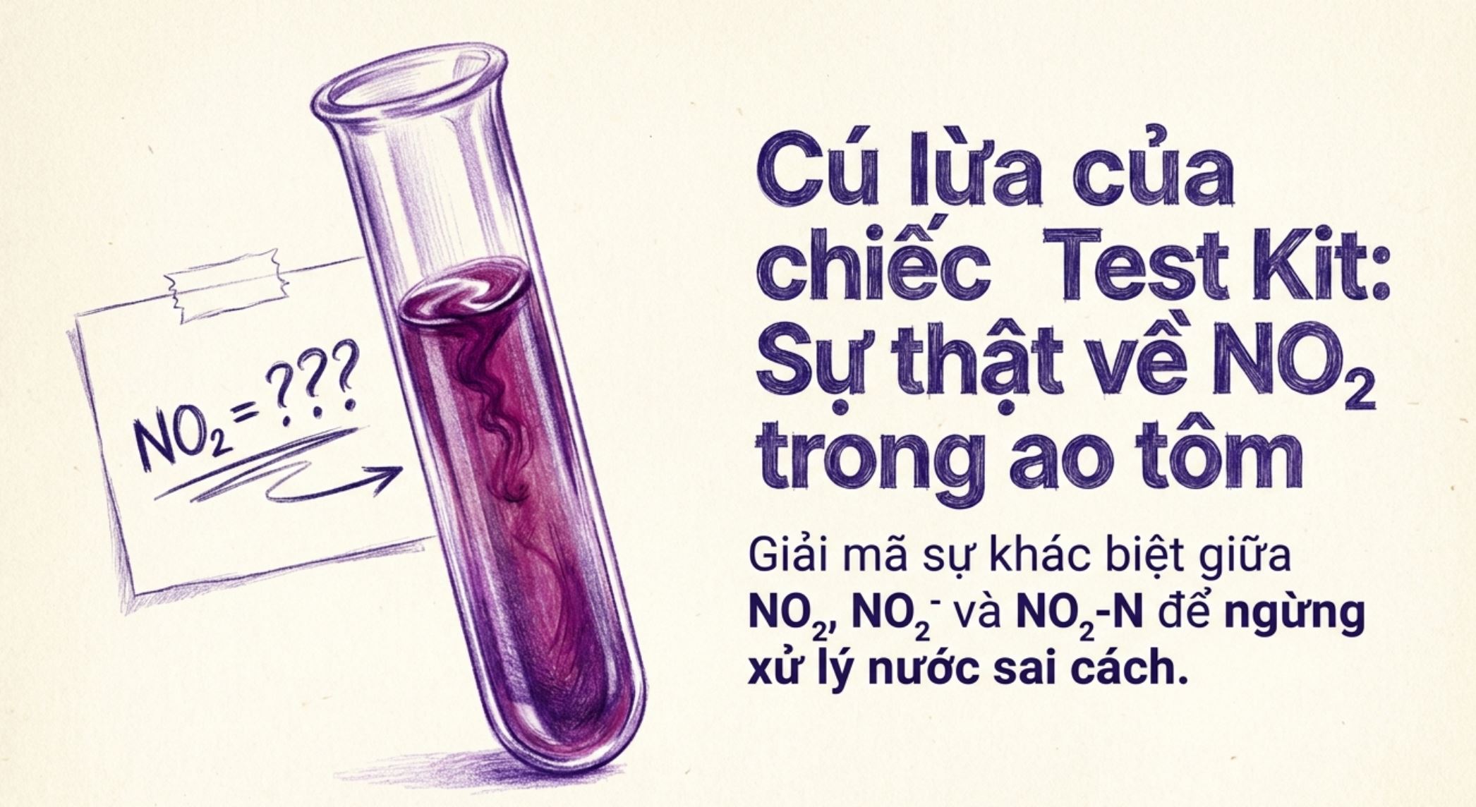 Minh họa ống nghiệm test kit đo NO2 và dòng chữ giải thích về NO2 trong ao tôm.