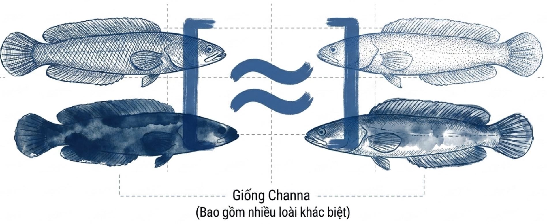 Sơ đồ minh họa 4 dạng hình thái cá thuộc giống Channa kèm các ký hiệu so sánh và chú thích tiếng Việt.