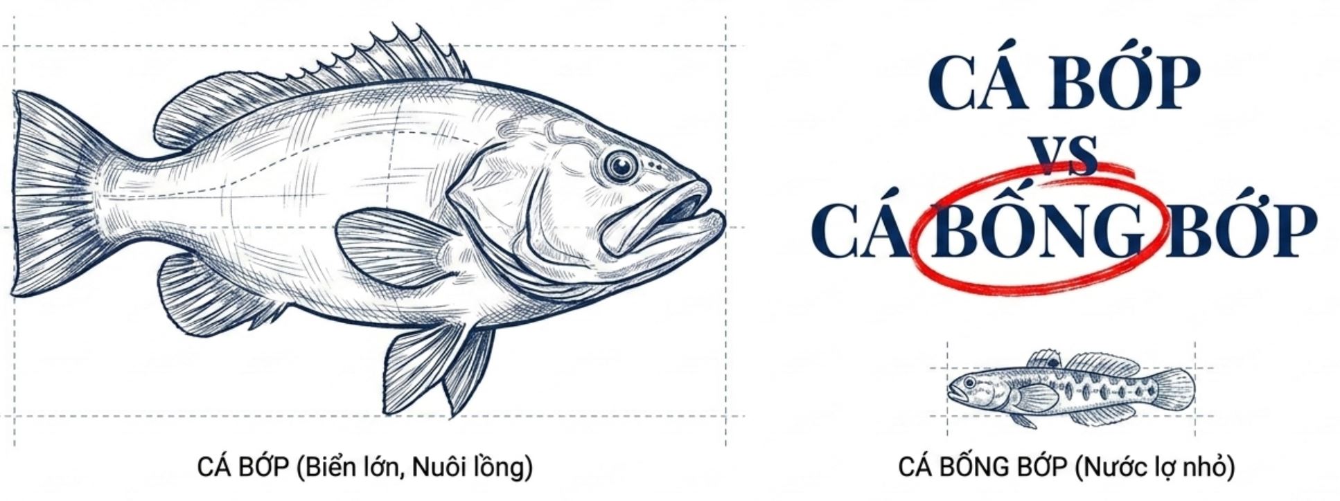 Minh họa so sánh điểm khác nhau giữa cá bớp nuôi lồng và cá bống bớp nước lợ.