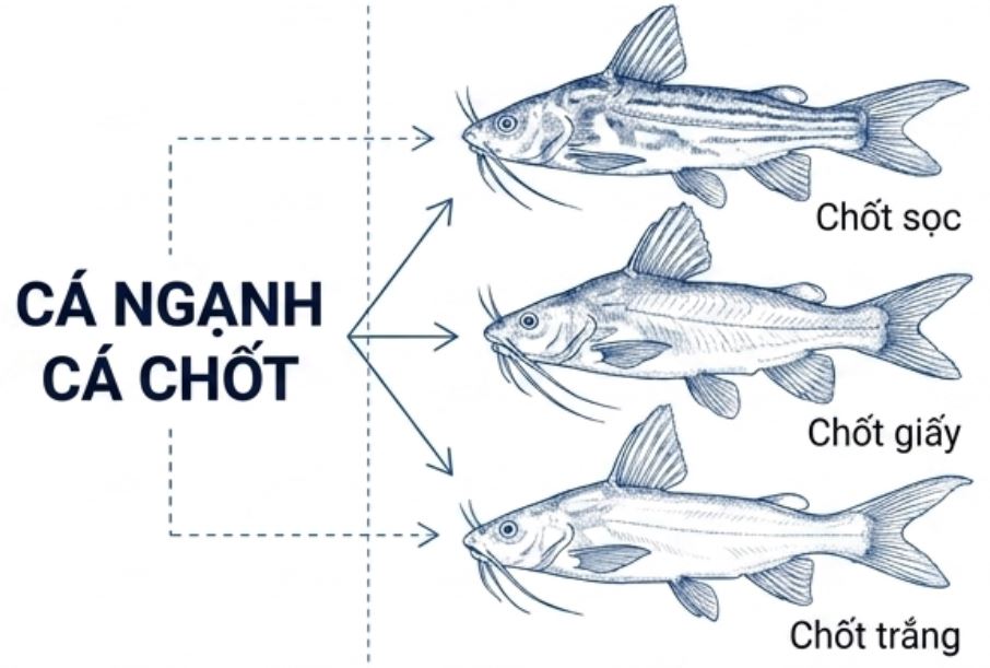 Sơ đồ minh họa hình dáng cá ngạnh và ba loài cá chốt gồm chốt sọc, chốt giấy và chốt trắng.