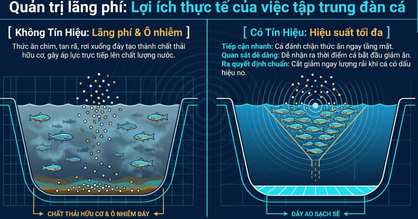 Lợi ích của việc tập trung đàn cá khi cho ăn trong nuôi trồng thủy sản Infographic so sánh cho cá ăn không tín hiệu gây ô nhiễm đáy ao và có tín hiệu tập trung đàn cá giúp giữ đáy ao sạch.