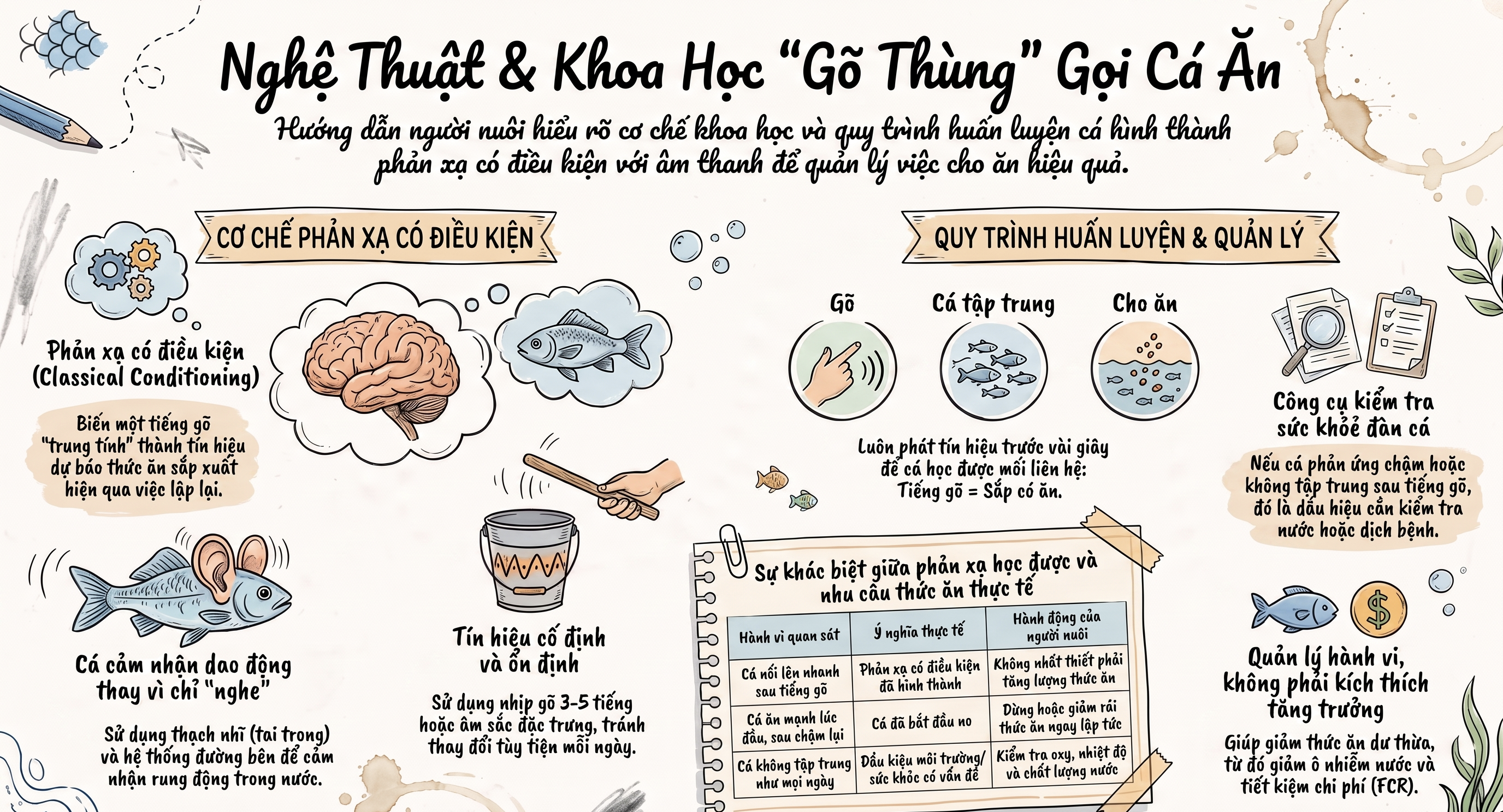 Infographic hướng dẫn kỹ thuật "gõ thùng" gọi cá ăn trong nuôi thủy sản Infographic giải thích cơ chế phản xạ có điều kiện và quy trình gõ thùng gọi cá ăn.