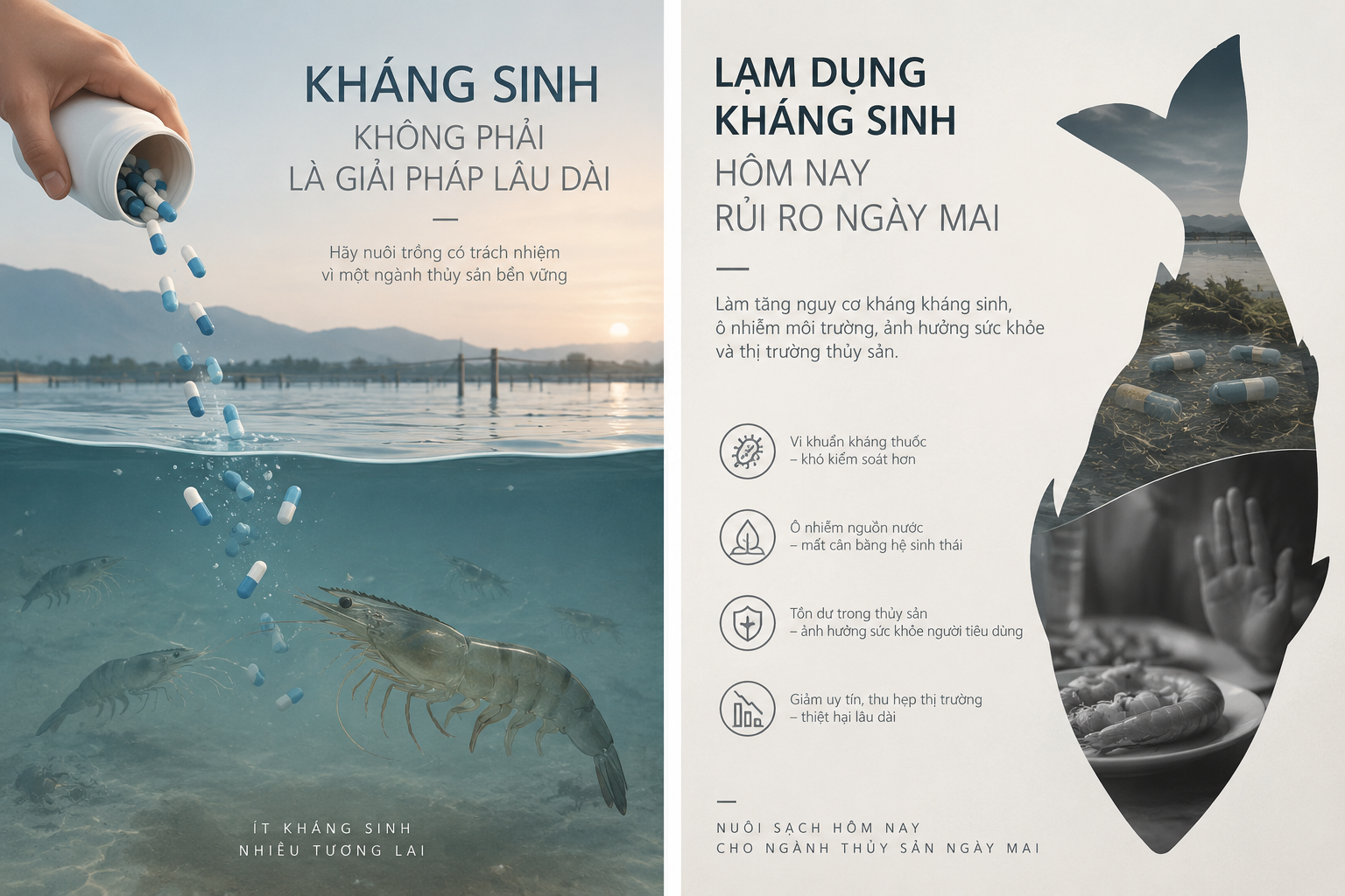 Poster infographic cảnh báo tác hại của lạm dụng kháng sinh đối với sức khỏe và ngành nuôi trồng thủy sản.