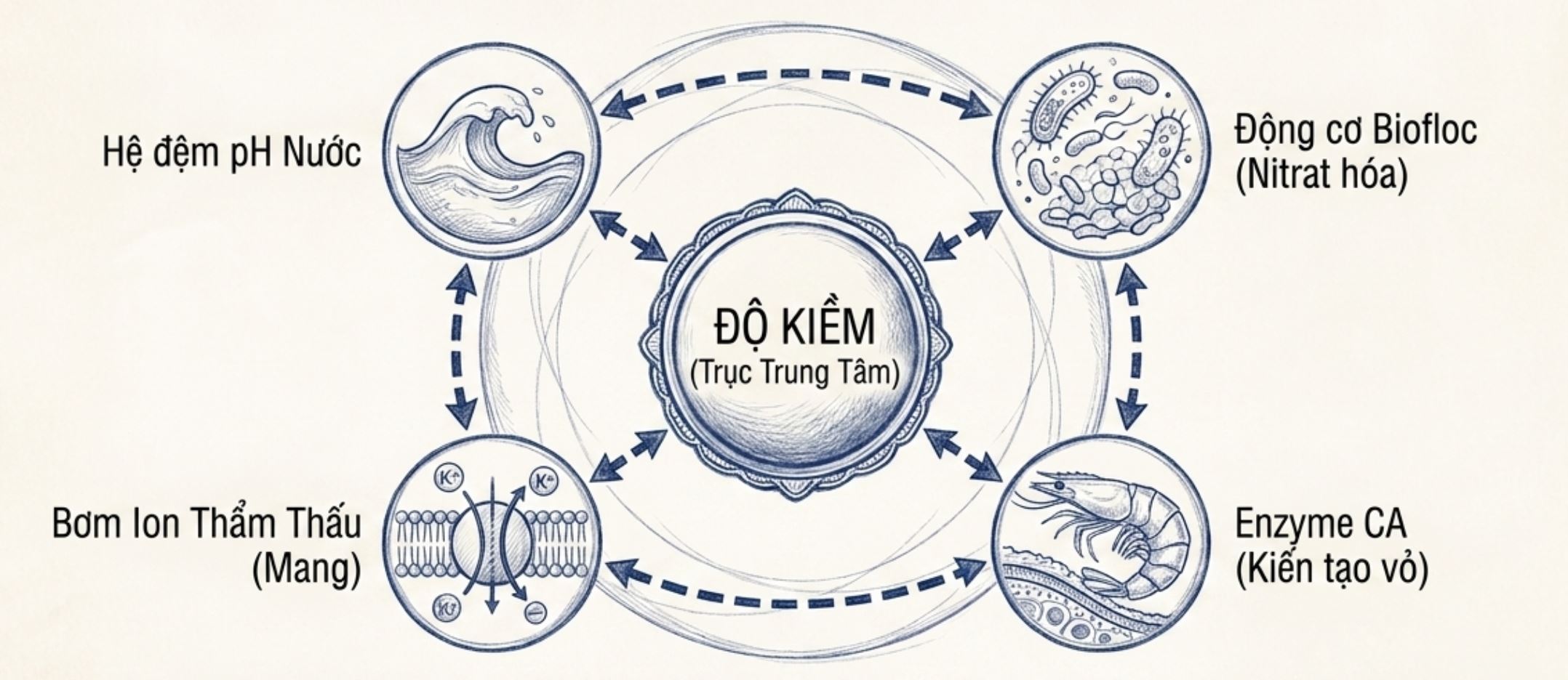 Sơ đồ minh họa độ kiềm là trục trung tâm liên kết với hệ đệm pH, Biofloc, bơm ion thẩm thấu và enzyme CA.