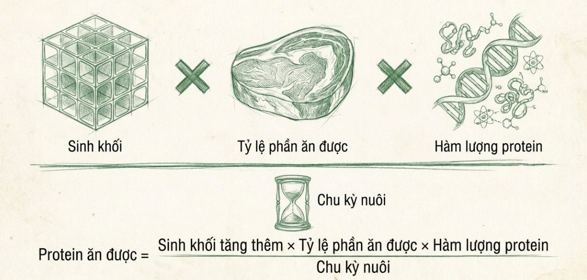 Sơ đồ minh họa công thức tính protein ăn được dựa trên sinh khối, hàm lượng protein và chu kỳ nuôi.