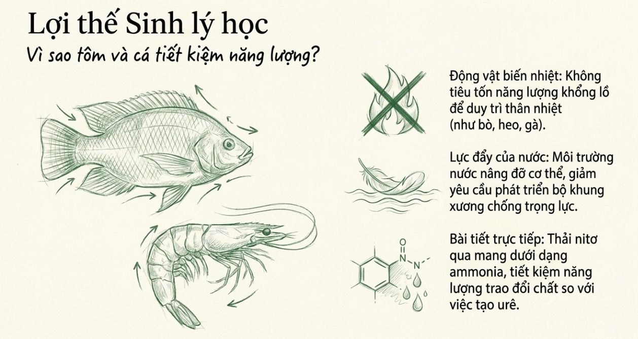 Infographic giải thích các lợi thế sinh lý học giúp tôm và cá tiết kiệm năng lượng dưới nước.