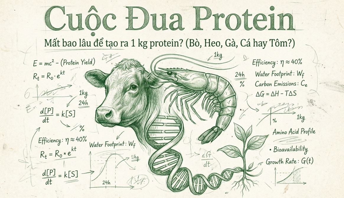 Hình minh họa chủ đề Cuộc đua protein với hình vẽ bò, tôm, cây trồng, DNA và các công thức khoa học.