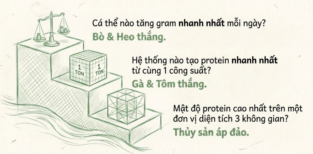 Hình minh họa so sánh tốc độ tăng trọng, hiệu suất tạo protein và mật độ protein giữa thủy sản và chăn nuôi.