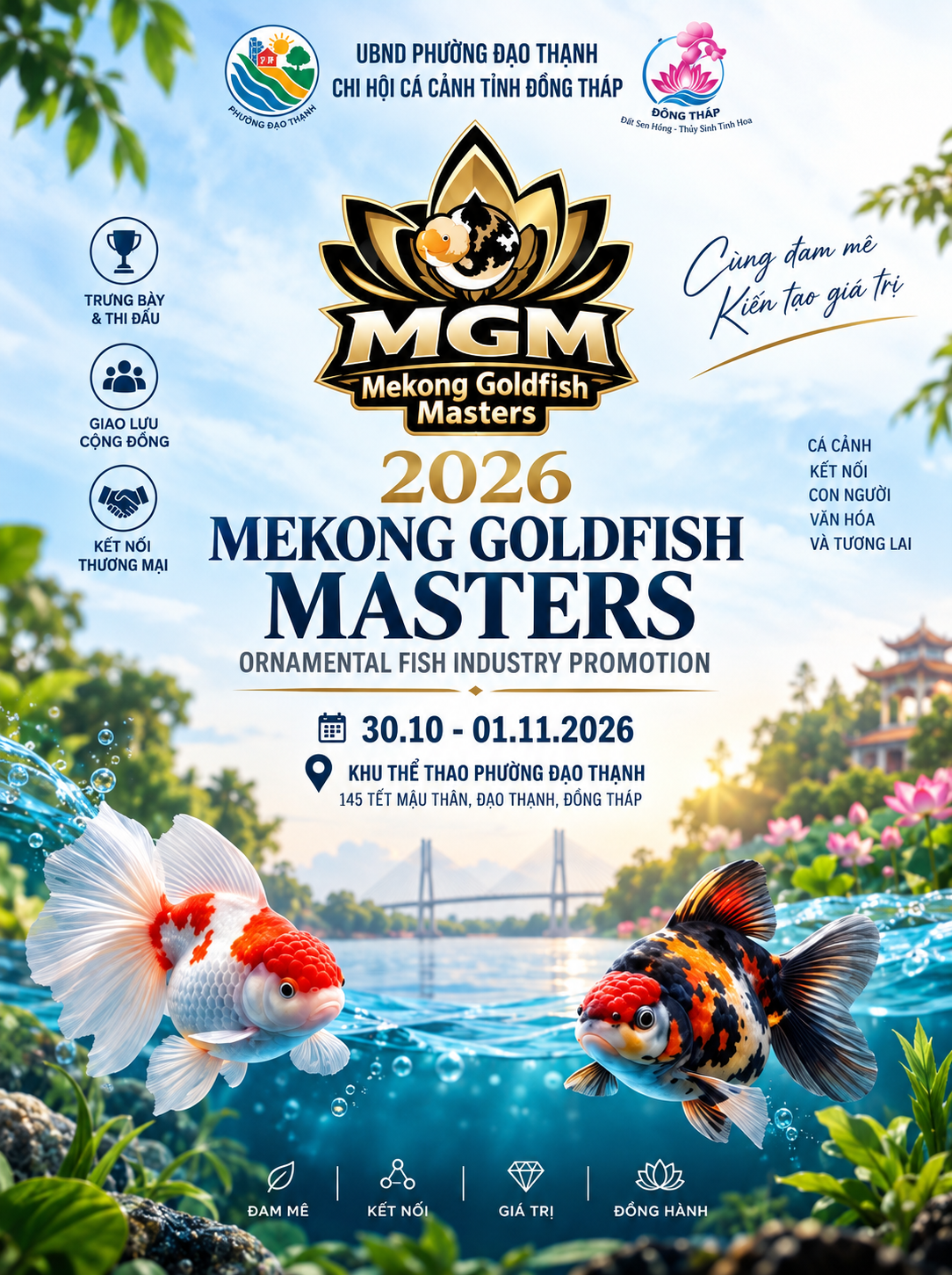 Poster sự kiện Mekong Goldfish Masters 2026 Poster quảng bá sự kiện Mekong Goldfish Masters 2026 nổi bật với hai chú cá vàng cá cảnh bơi dưới nước.