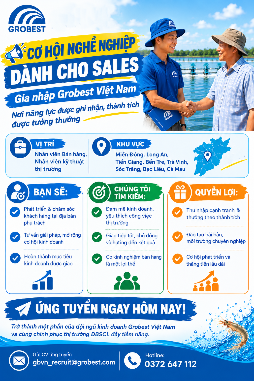 Thông báo tuyển dụng nhân viên kinh doanh của Grobest Việt Nam Poster tuyển dụng nhân viên bán hàng và kỹ thuật thị trường của Grobest Việt Nam tại khu vực ĐBSCL.