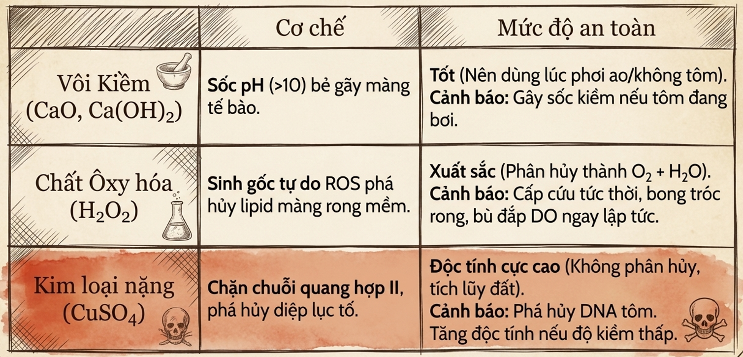 Bảng so sánh cơ chế và mức độ an toàn của các hóa chất xử lý ao nuôi Bảng so sánh cơ chế tác động và mức độ an toàn của vôi kiềm, H2O2 và CuSO4 trong xử lý ao nuôi