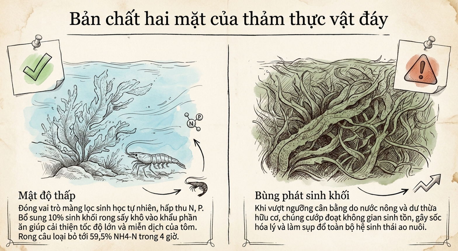Bản chất hai mặt của thảm thực vật đáy trong ao nuôi Hình minh họa so sánh thảm thực vật đáy mật độ thấp có lợi và bùng phát sinh khối gây hại trong ao nuôi.