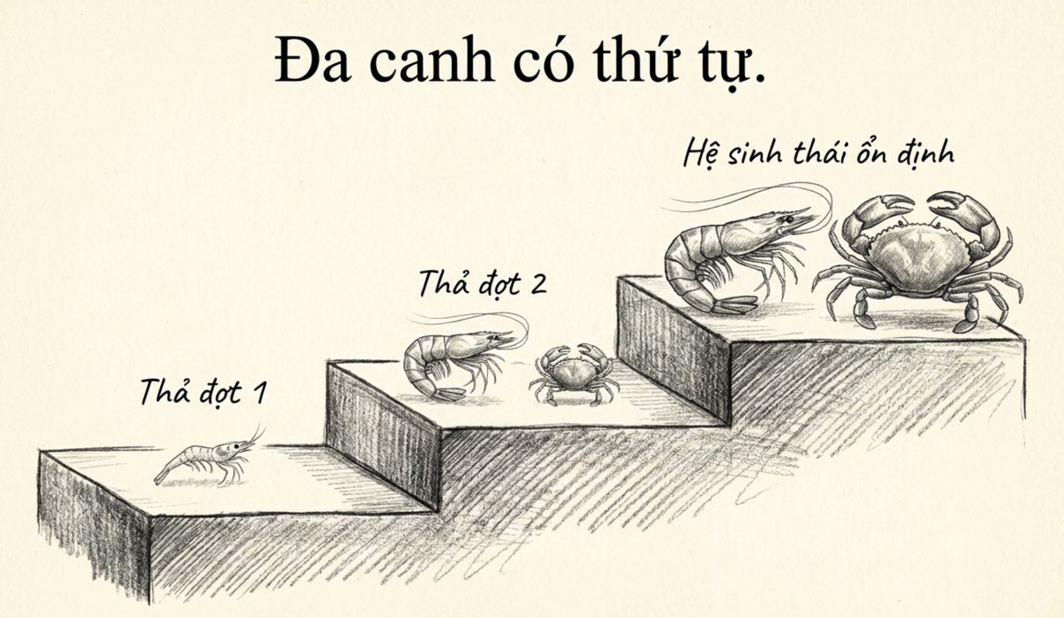 Minh họa quy trình thả giống tôm cua theo từng đợt để đạt hệ sinh thái ổn định.