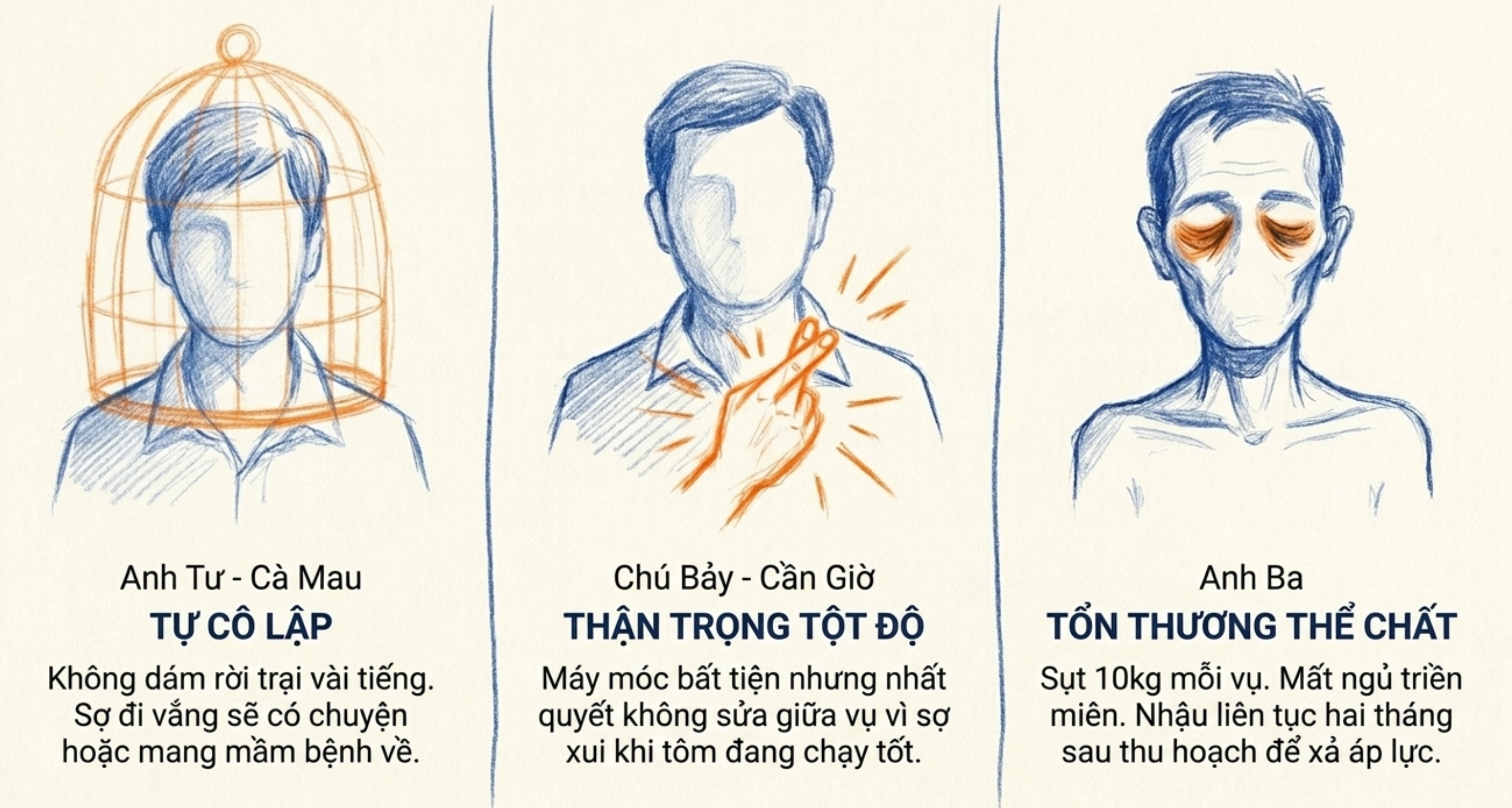 Hình minh họa áp lực tâm lý và thể chất của người nuôi tôm Tranh minh họa 3 trạng thái áp lực và mệt mỏi của người nuôi tôm trong vụ nuôi