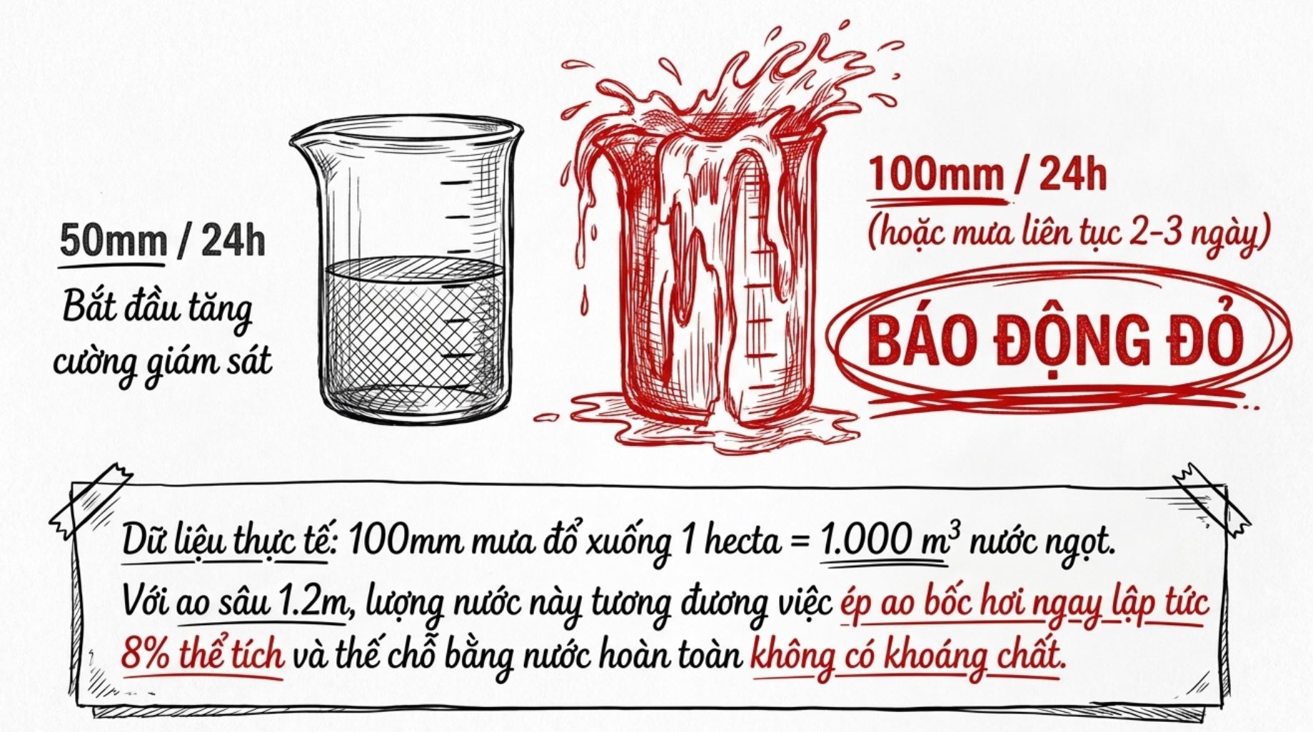 Hình minh họa mức cảnh báo lượng mưa và tác động của mưa lớn làm thay đổi thể tích nước ao nuôi.