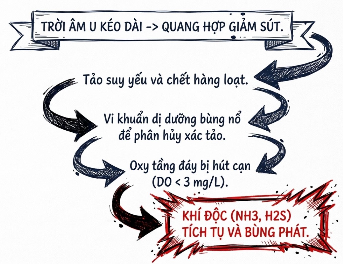Sơ đồ giải thích quá trình tảo chết, giảm oxy và tích tụ khí độc NH3, H2S trong ao nuôi khi trời âm u kéo dài.