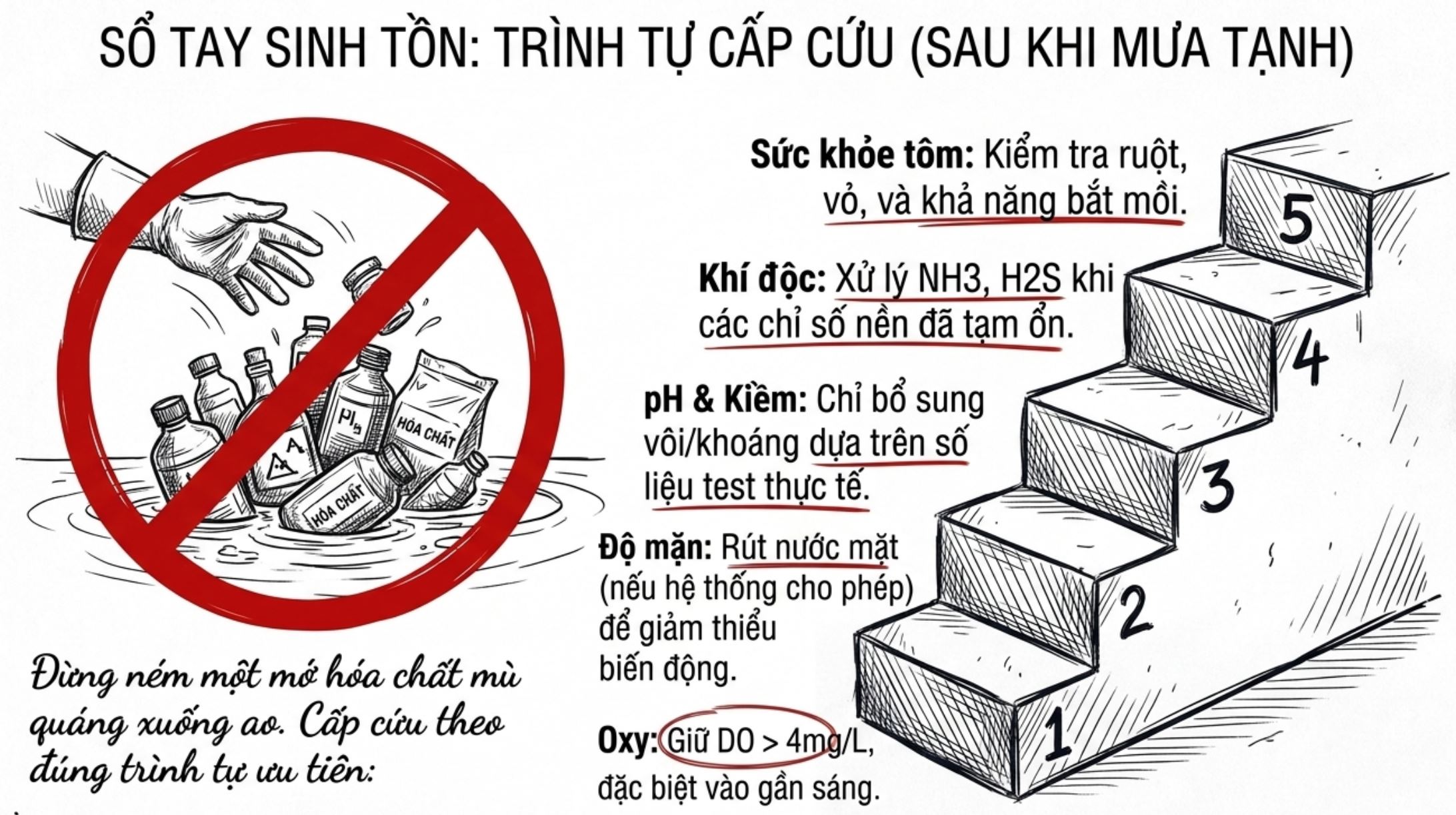 Infographic hướng dẫn 5 bước cấp cứu ao tôm sau mưa và cảnh báo không tạt mớ hóa chất xuống ao.