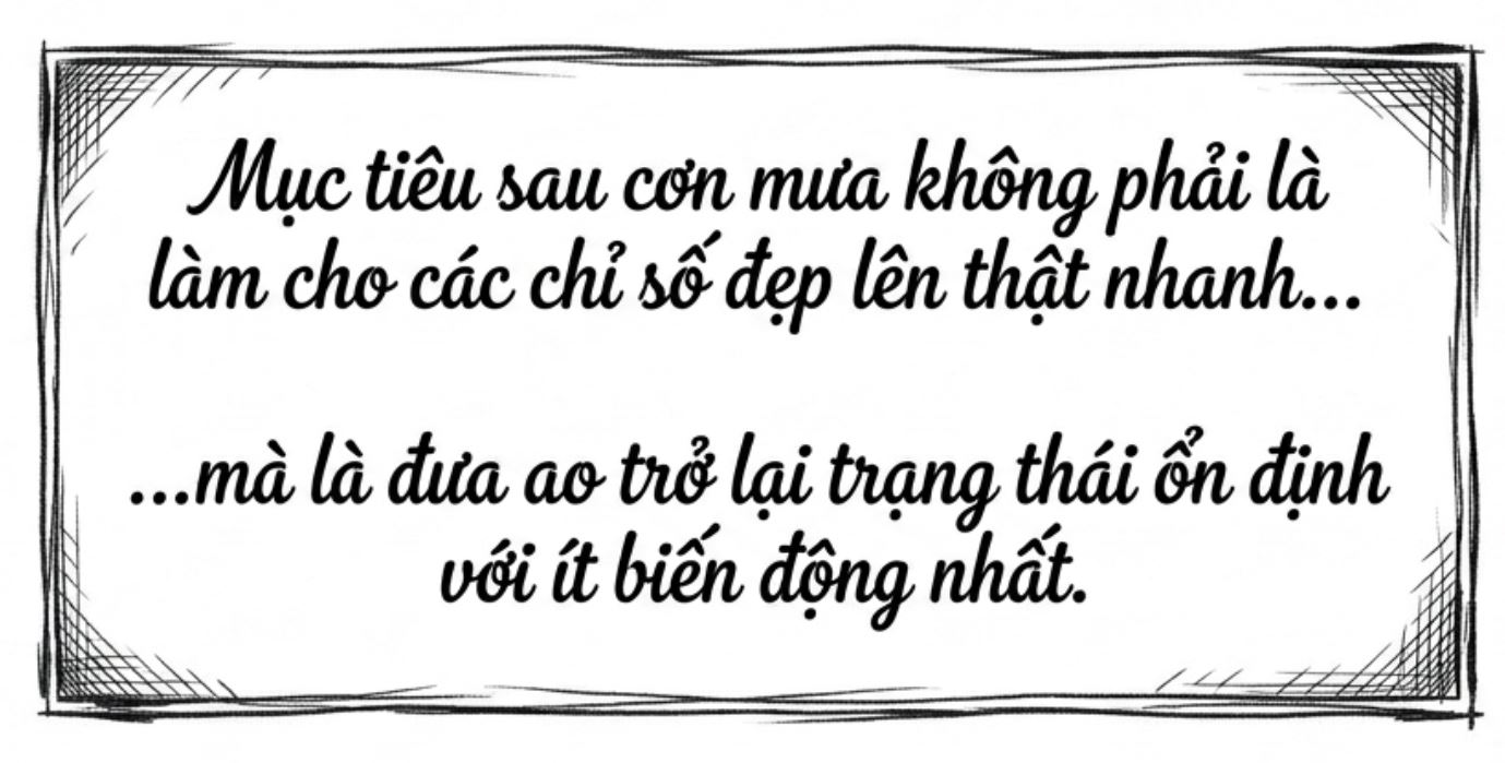 Trích dẫn chữ viết về mục tiêu đưa ao nuôi trở lại trạng thái ổn định sau cơn mưa.