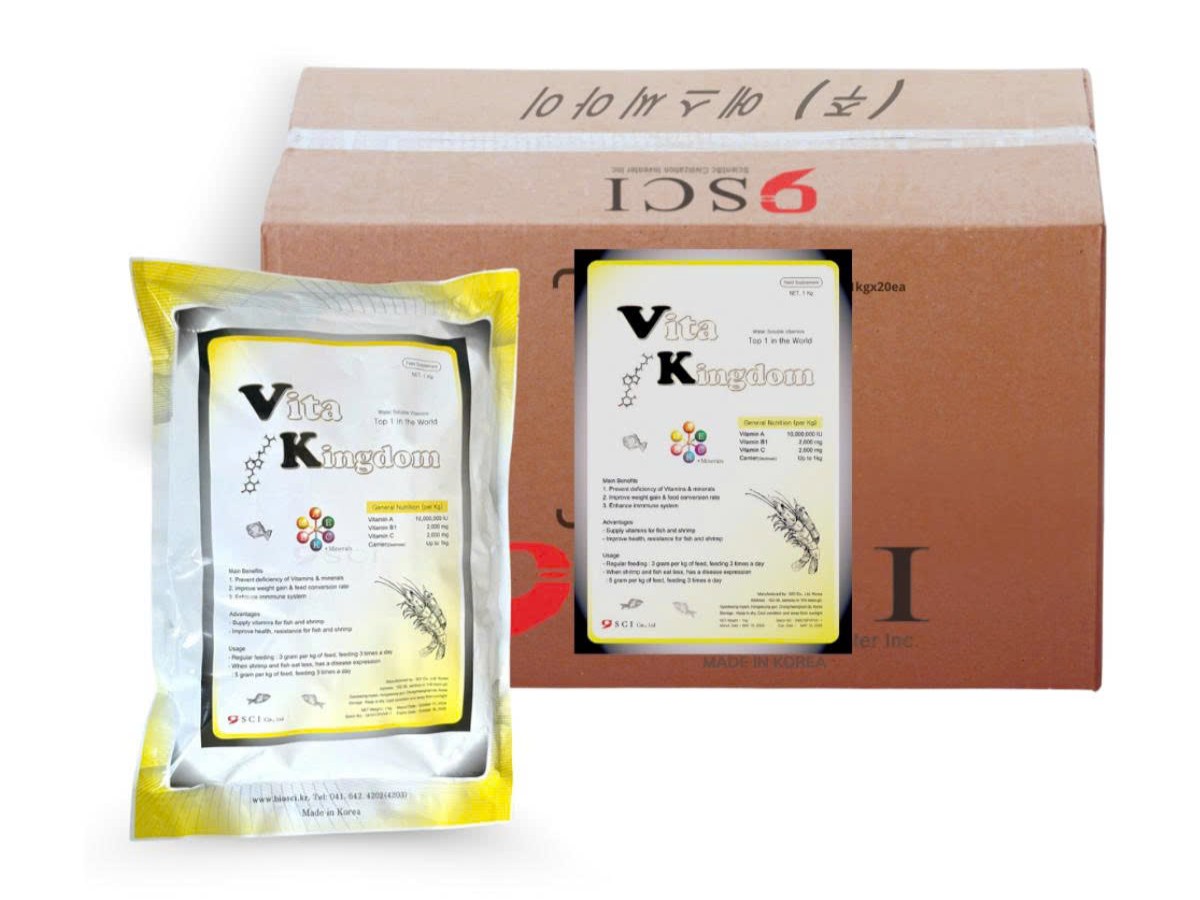 Sản phẩm bổ sung vitamin Vita Kingdom cho tôm cá Gói thức ăn bổ sung vitamin Vita Kingdom và thùng carton đựng sản phẩm chuyên dùng cho tôm cá