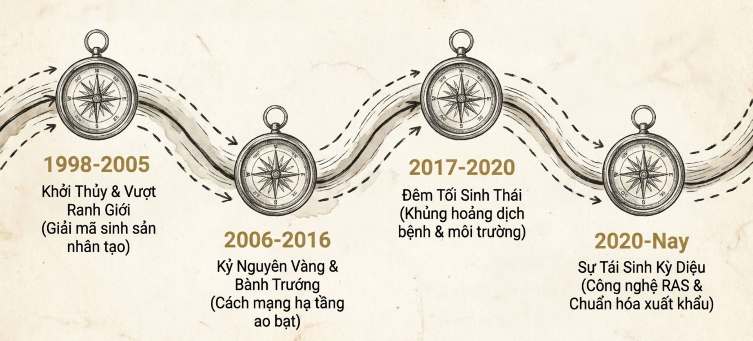 Infographic mô tả các giai đoạn phát triển ngành thủy sản với biểu tượng la bàn từ năm 1998 đến nay.