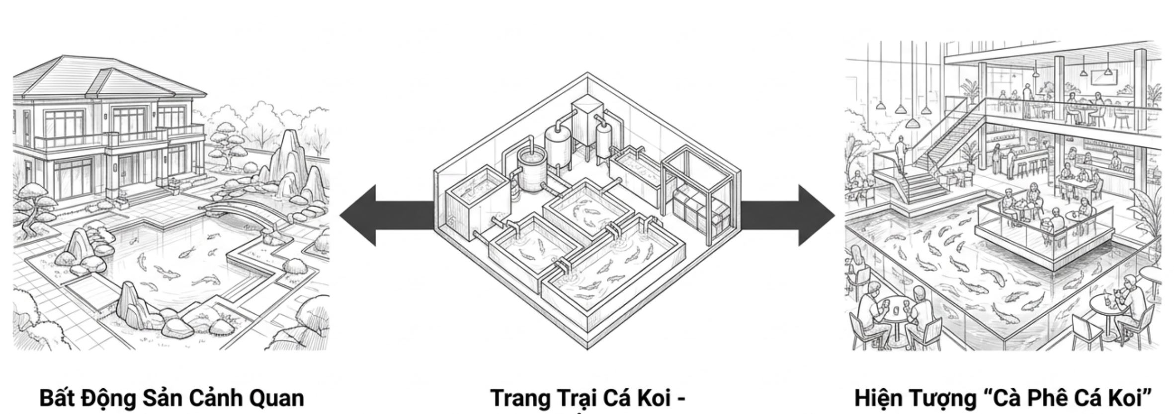 Sơ đồ phác thảo 3 mô hình ứng dụng cá Koi gồm bất động sản cảnh quan, trang trại cá Koi và cà phê cá Koi.