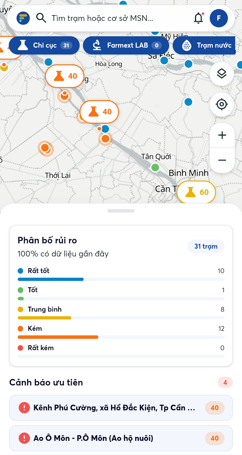 Màn hình ứng dụng di động hiển thị bản đồ vị trí trạm quan trắc, biểu đồ phân bố rủi ro và cảnh báo ưu tiên.