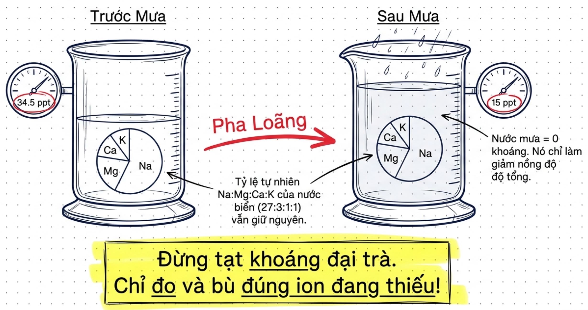 Biểu đồ so sánh độ mặn và tỷ lệ ion khoáng Na, Mg, Ca, K trong nước trước và sau khi bị nước mưa pha loãng.