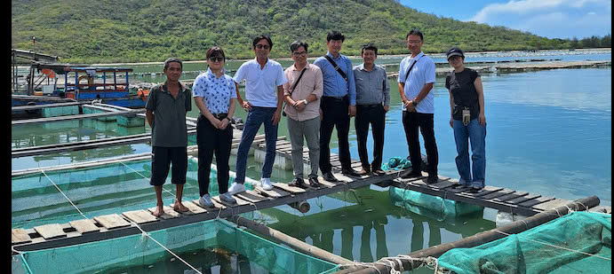 Nhóm người đứng trên cầu gỗ thuộc hệ thống lồng bè nuôi trồng thủy sản trên biển