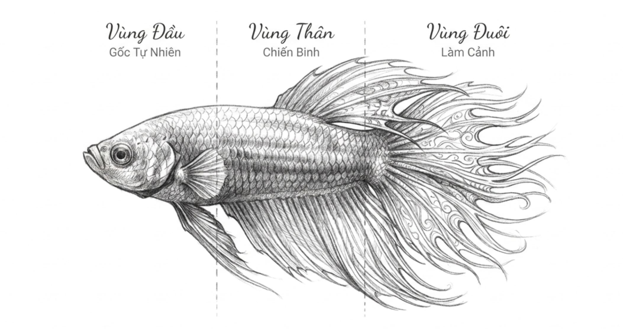 Hình vẽ phác thảo cá betta chia thành ba vùng chính gồm Vùng Đầu, Vùng Thân và Vùng Đuôi.