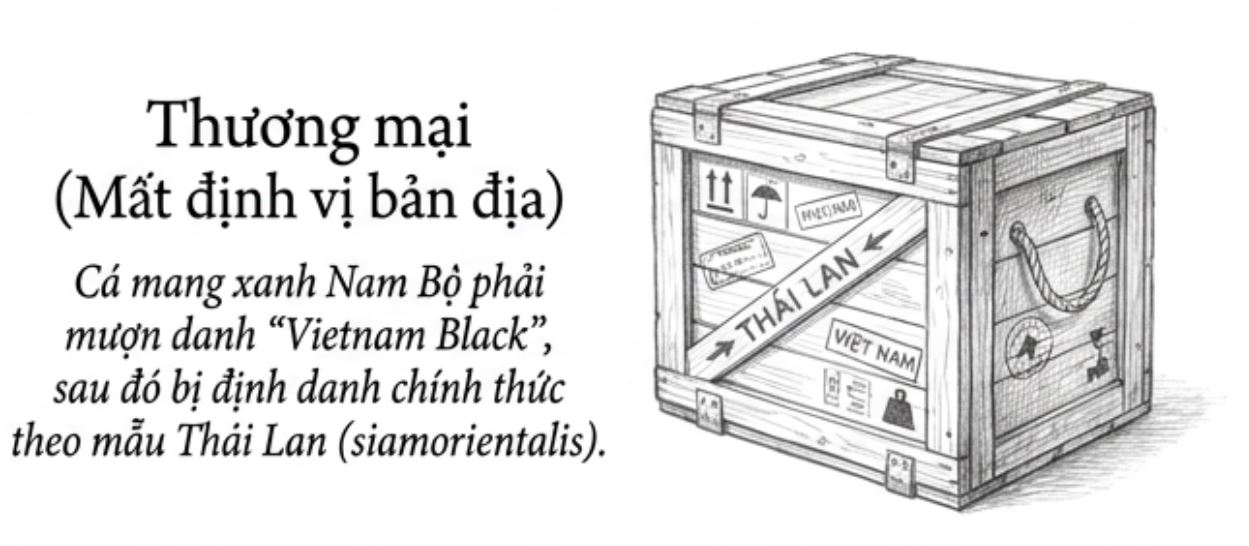 Hình vẽ thùng gỗ đóng hàng có dán nhãn Việt Nam, Thái Lan và văn bản nói về cá mang xanh Nam Bộ.