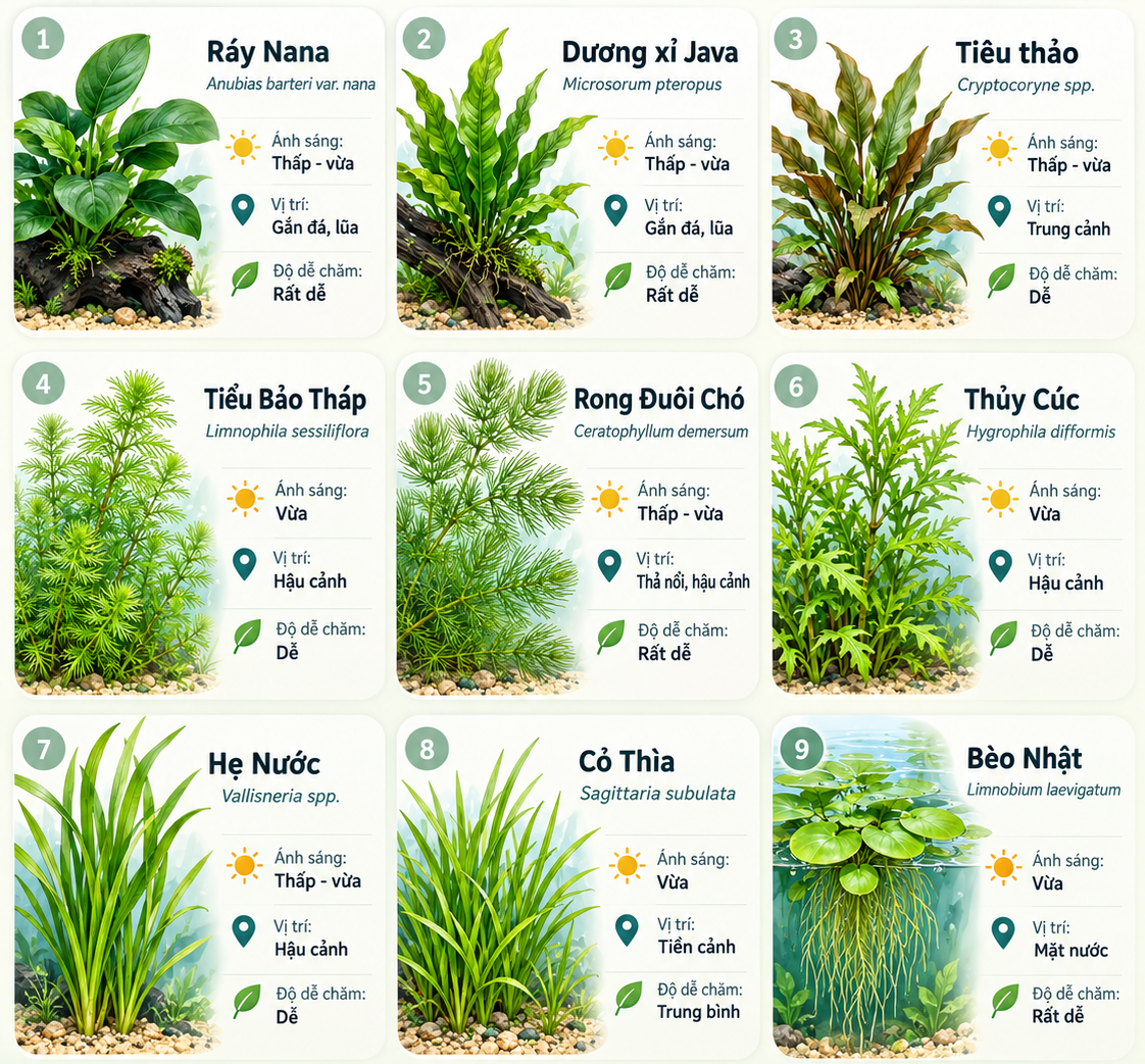 Infographic tổng hợp 9 loài cây thủy sinh phổ biến kèm đặc điểm ánh sáng, vị trí và độ khó chăm sóc.