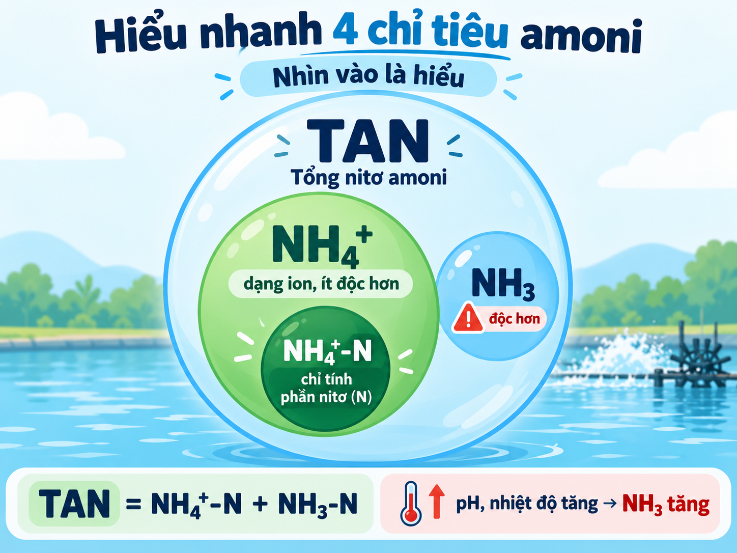 Infographic mô tả mối quan hệ giữa các chỉ tiêu amoni TAN, NH4+, NH4+-N, NH3 và công thức tính TAN trong ao nuôi.