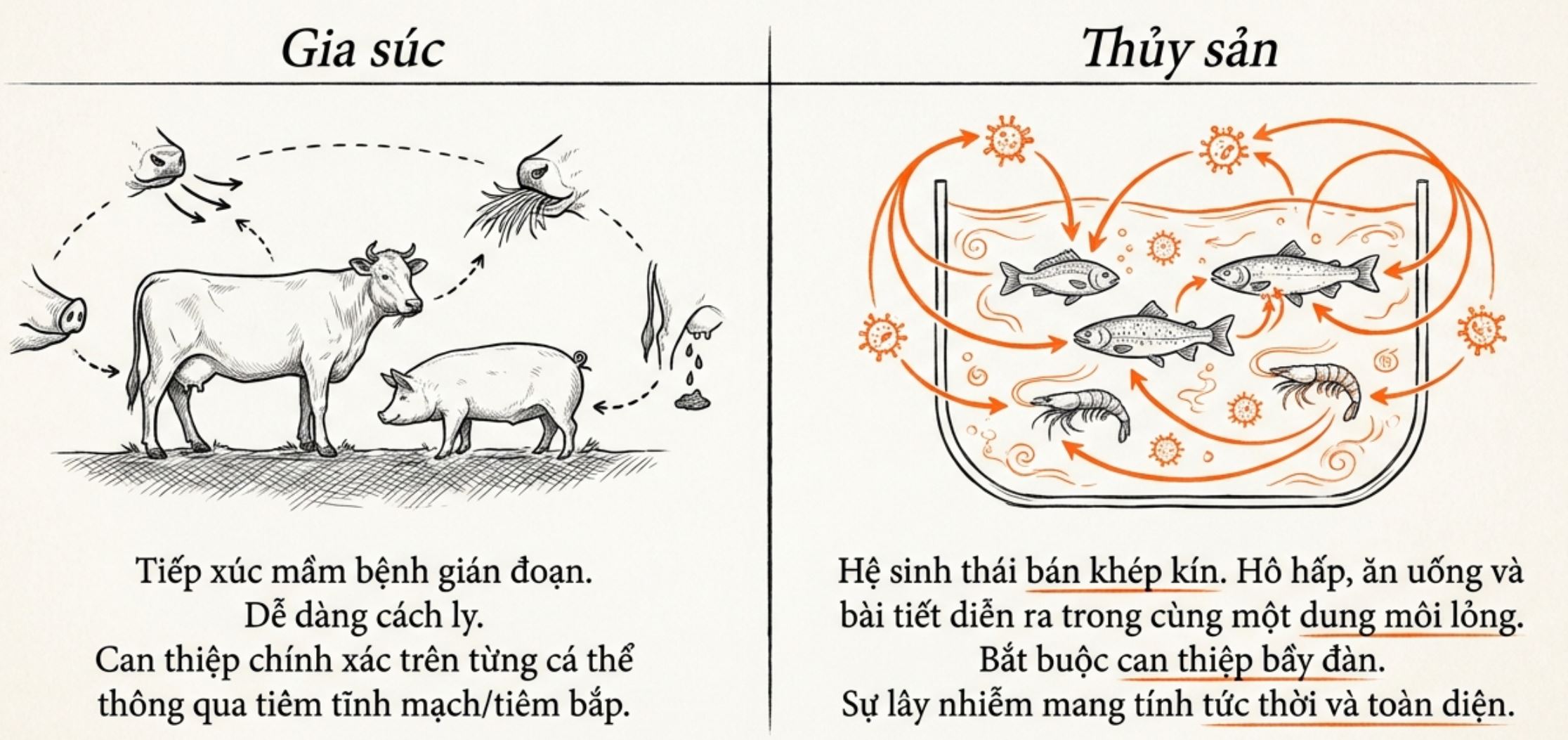 Hình ảnh so sánh cơ chế truyền bệnh và cách can thiệp y tế giữa gia súc và động vật thủy sản trong môi trường nước.