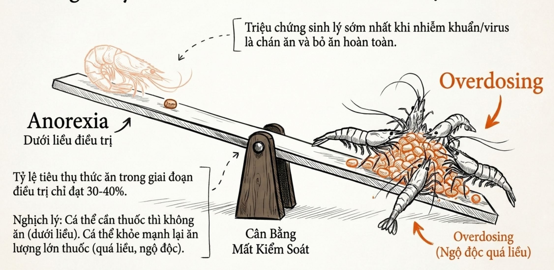 Sơ đồ minh họa nghịch lý điều trị tôm bệnh: tôm bệnh chán ăn dẫn đến dưới liều, tôm khỏe ăn nhiều bị quá liều.
