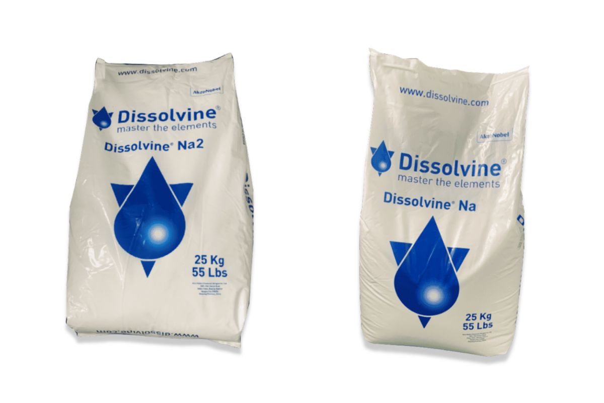 Dissolvine Na2 và Dissolvine Na Hai bao hóa chất Dissolvine Na2 và Dissolvine Na trọng lượng 25kg màu trắng