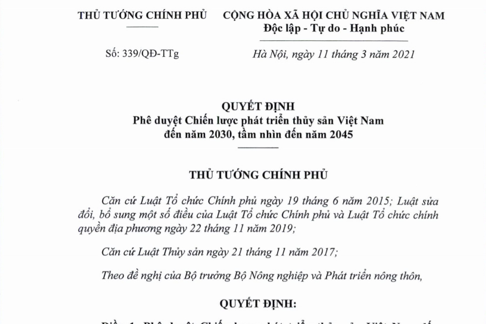 339/QĐ-TTg Quyết định phê duyệt Chiến lược phát triển thủy sản Việt Nam đến năm 2030, tầm nhìn 2045