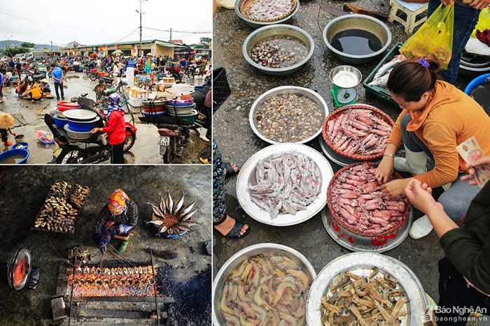 Chợ cá Nghi Thủy tấp nập người bán người mua.