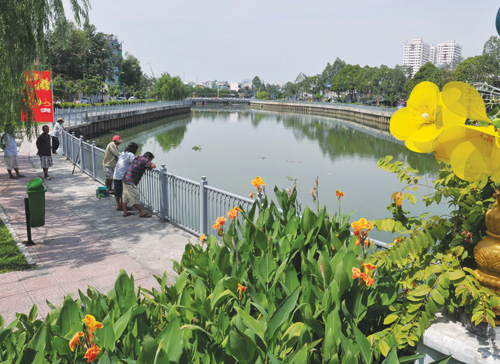 Cá xuất hiện nhiều trên kênh Nhiêu Lộc - Thị Nghè khiến người dân tụ tập đến đây câu cá - Ảnh: Diệp Đức Minh