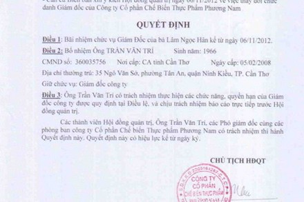 Chủ tịch HĐQT Lâm Ngọc Khuân bổ nhiệm ông Trần Văn Trí làm Giám đốc Công ty Phương Nam. Ảnh: Thiên Phước